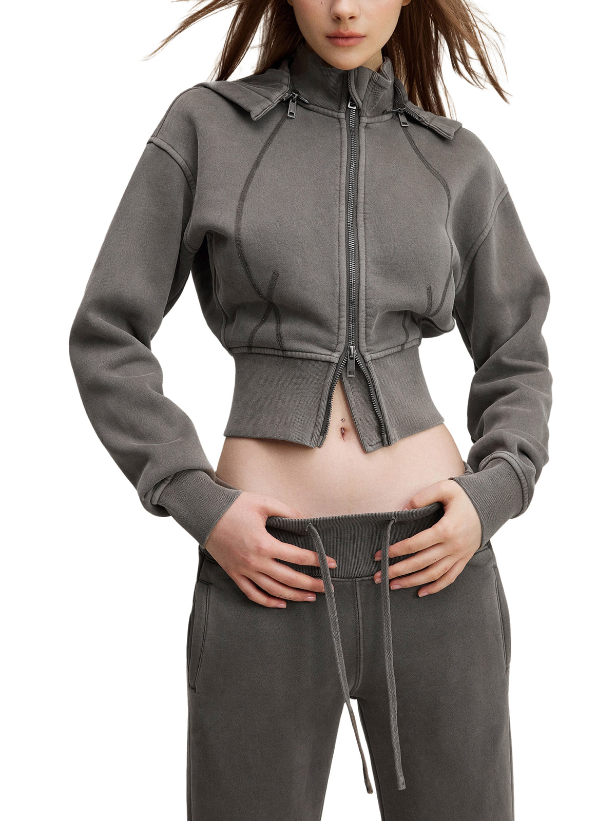 Vintage Washed Distressed Cropped Fleece Hoodie